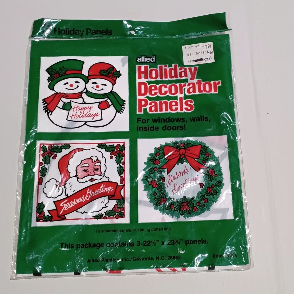 Vintage Allied Plastic Holiday Decorator Panels-Santa-Snowmen-Wreath-Christmas